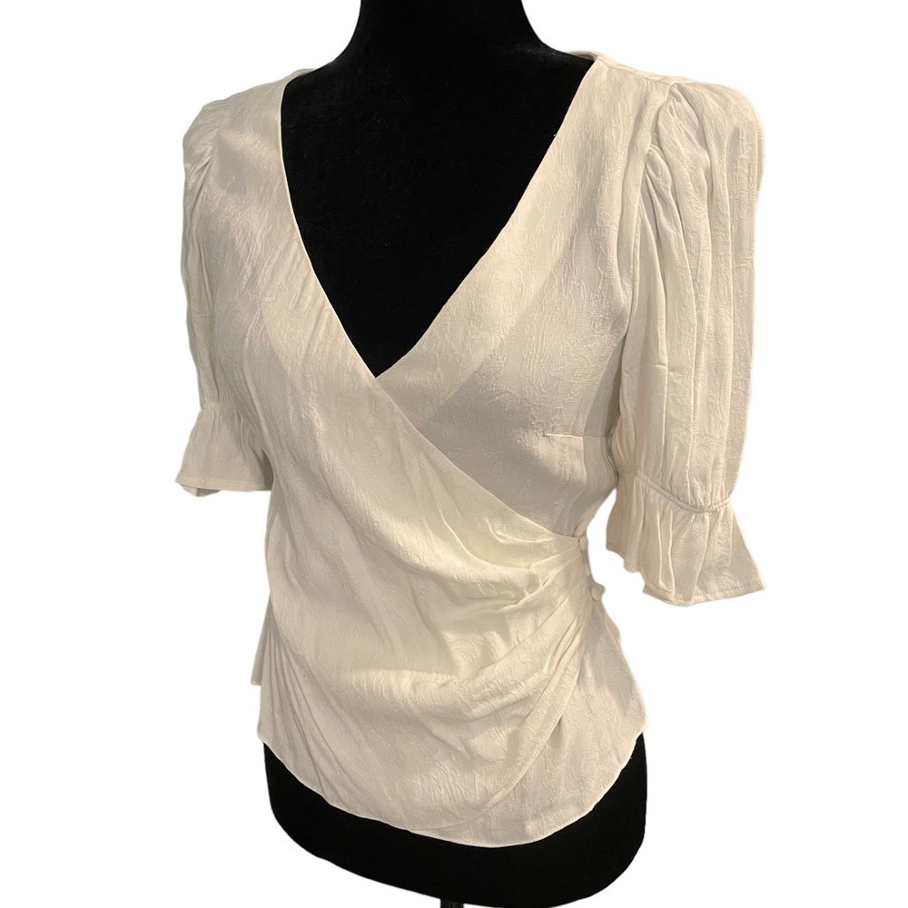 Cinq à Sept Top Theo White Jacquard Wrap V Neck Blouse Size XS